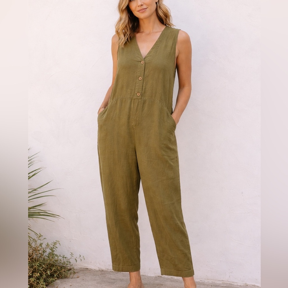 Debra Deroo Olive Green Linen Wide Leg Jumpsuit Size M/L